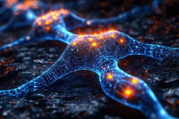 Poster - Glowing neural pathways create intricate circuits in vibrant blue and orange hues against a dark textured surface