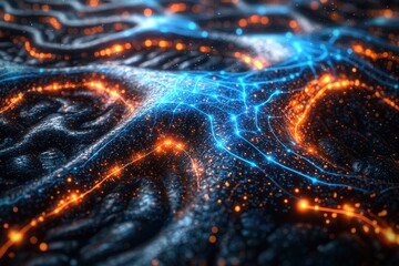 Poster - Glowing neural pathways create intricate circuits in vibrant blue and orange hues on a dark textured surface