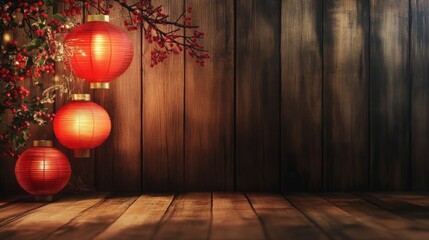 Wall Mural - Festive holidays banner featuring elegant oriental lantern decoration on a rustic wooden background with warm glowing lights, creating a cozy and traditional ambiance for celebratory and seasonal fest