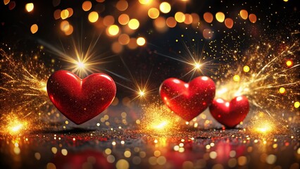 Wall Mural - Romantic Red Hearts Sparkles Blurred Background Stock Photo