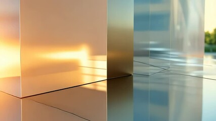 Poster - Reflective surfaces catch the warm glow of sunset in a modern, artistic space. Generative AI