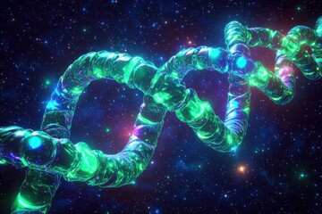 Poster - Vibrant molecular chain resembling DNA glows in cosmic space with shades of green and blue intertwined in a mesmerizing 3D spiral