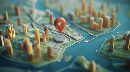 Poster - Aerial view of a bustling cityscape with a GPS navigation pin marking a specific location on a digital map  The image showcases the urban landscape skyscrapers and infrastructure