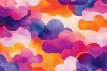Poster - Vibrant abstract pattern of cloud shapes in soft pink, orange, and purple hues creating a dreamy sunset sky effect
