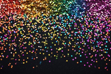 Poster - Vibrant glitter textures in bold rainbow colors scattered on a black background create a festive and sharp pattern