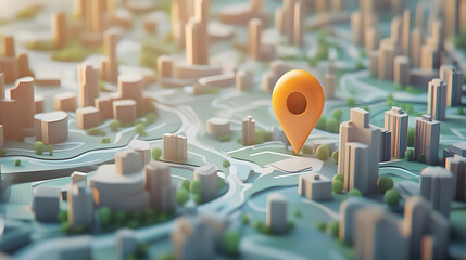 Poster - Aerial view of a bustling modern city skyline with towering skyscrapers innovative architectural designs and a map pin pointer highlighting a specific location or point of interest