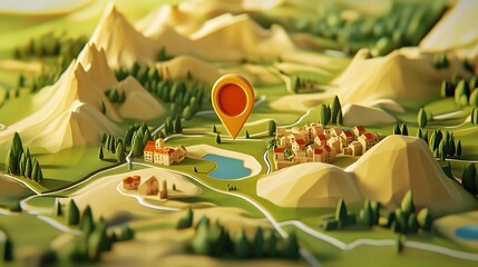 Leinwandbilder - Aerial view of a charming mountain village nestled between towering peaks with a serene lake and winding river flowing through a lush forested landscape  This stylized low poly depicts an idyllic
