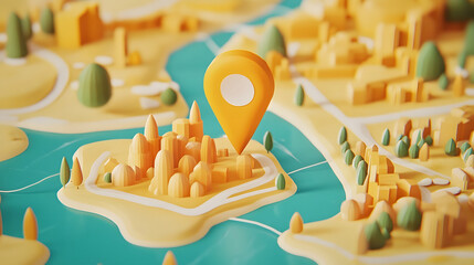 Poster - Aerial view of a colorful 3D miniature model of a city landscape with architectural buildings roads and a GPS navigation pointer placed on the map