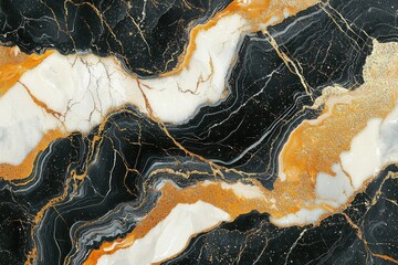 Poster - Elegant abstract pattern of liquid marble textures featuring black, white, and gold tones with a sophisticated look