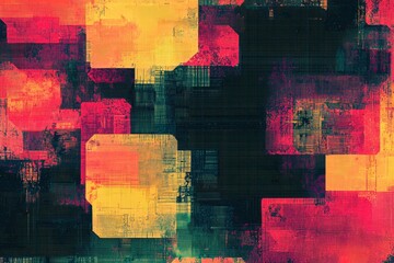 Poster - Abstract pixelated shapes dissolve into vibrant glitch textures on layered background