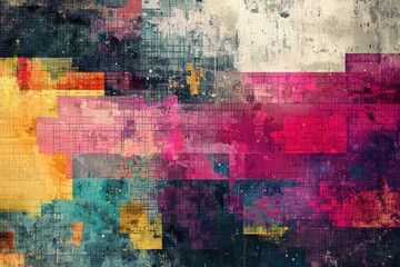 Poster - Dynamic abstract pattern of pixelated shapes dissolving into colorful glitch textures layered against a textured background