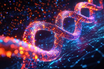 Poster - Molecular chain spiraling in vibrant neon hues against a digital futuristic backdrop