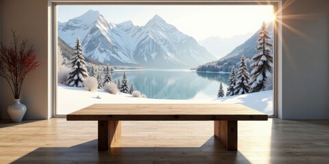 Aufkleber - Serene Winter Landscape Viewed from a Minimalist Room Featuring a Simple Wooden Bench