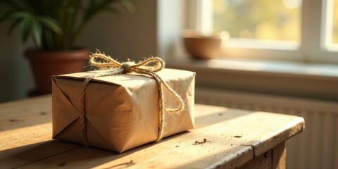 Poster - A sunlit rustic wooden table holds a simply wrapped gift, bathed in warm golden light