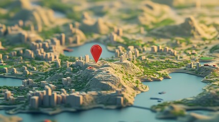 Poster - Aerial view of a detailed city map with a red GPS navigation pin marker highlighting a specific location or destination within the urban landscape featuring buildings roads
