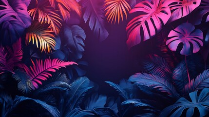 Poster - Vibrant Tropical Foliage Background, A dark moody background featuring an array of neon leaf