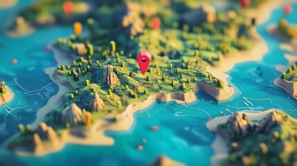 Poster - Aerial view of a detailed stylized topographic map showcasing the rugged mountainous terrain with winding rivers lush forests and dramatic cliffs