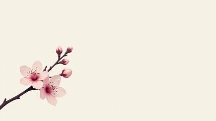 Poster - Delicate Pink Blossom Branch with Buds on a Soft White Background, Perfect for Springtime Designs and Elegant Invitations