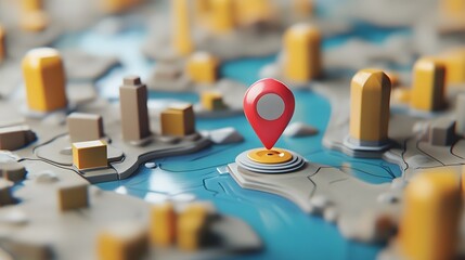 Aufkleber - Aerial view of a digital map displaying a city skyline with buildings roads and a red location marker pinpoint representing data analysis business strategy and technological solutions
