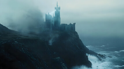 Wall Mural - An ancient fortress on a craggy cliff, its towers shrouded in pale blue and white flames, casting an eerie glow over the rocky sea below.