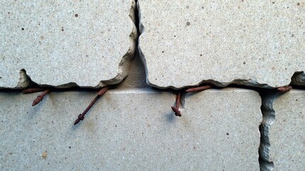 Poster - A Detailed Close-Up View of Rusted Metal Reinforcement Rods Extruded Through a Cracked Concrete Block Wall