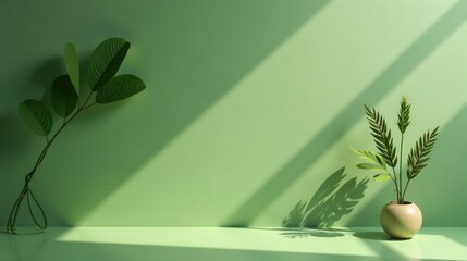 Poster - Serene Minimalist Still Life Featuring Lush Greenery and Gentle Light Against a Soft Green Background