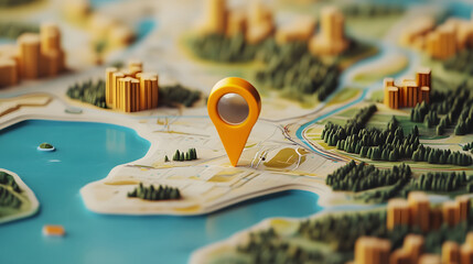 Poster - Aerial view of a highly detailed 3D model map depicting a miniature landscape with mountains forests lakes and winding roads
