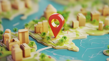 Leinwandbilder - Aerial view of a lush tropical island paradise with a red map navigation pin pointer marking a destination or landmark on the geographic map  Concept of vacation planning
