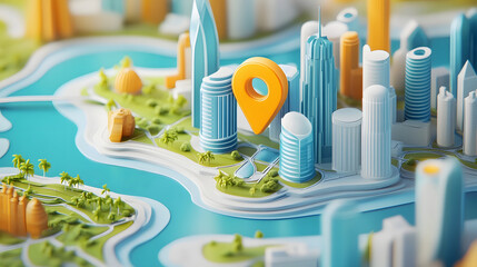 Poster - Aerial view of a miniature 3D model of a modern city skyline with skyscrapers office buildings and residential towers  A GPS navigation pin is placed on the digital map