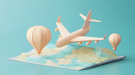 Poster - Aerial view of a map with an airplane and hot air balloons soaring over diverse landscapes symbolizing the spirit of the pursuit of new destinations and experiences