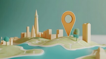 Poster - Aerial view of a miniature city skyline with skyscrapers and buildings on a floating island with a map marker or location pin icon highlighting the area  Conceptual for travel tourism