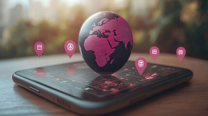 Poster - Global connectivity phone displays world map