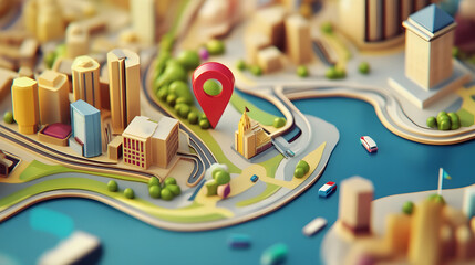 Poster - Aerial view of a miniature scale model city map with navigation pin marker on a detailed cityscape background of skyscrapers buildings roads and transportation