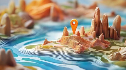 Aufkleber - Aerial view of a miniature surreal desert landscape with towering mountains rolling sand dunes and a winding river or stream  The scene has a fantastical