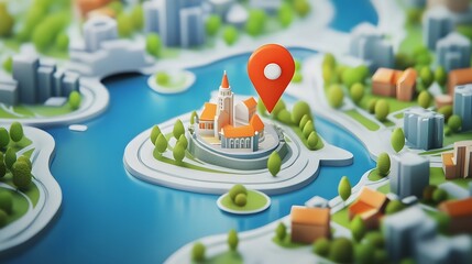 Poster - Aerial view of a modern city skyline with skyscrapers landmarks and a GPS marker pin indicating a specific location on the urban landscape