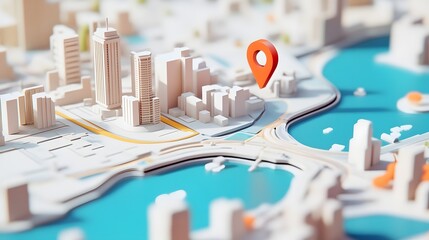 Aufkleber - Aerial view of a modern futuristic smart city with towering skyscrapers a 3D map and a GPS location marker  The image depicts the growth and development of urban infrastructure technology