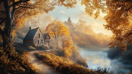 Wall Mural - Autumnal Serenity: A Picturesque Cottage by the River