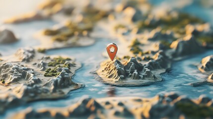 Aufkleber - Aerial view of a remote rugged coastal landscape with a iconic navigation pin marker on a topographic map symbolizing an exciting adventure journey of discovery and of new destinations