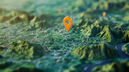 Leinwandbilder - Aerial view of a rugged mountainous landscape with a GPS marker symbol indicating a specific location or destination on a topographical map  Concept of outdoor adventure