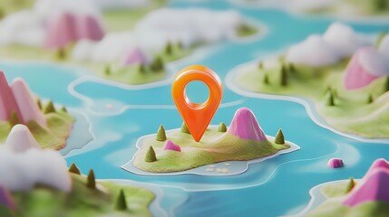 Aufkleber - Aerial view of a rugged mountainous landscape with a river snaking through it and a map pointer indicating a remote unexplored destination  Concept of discovering new places in the great outdoors