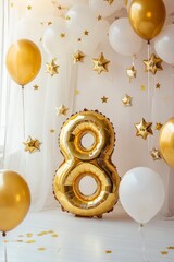 Wall Mural - Gold and white party decorations featuring number 8 centerpiece balloons