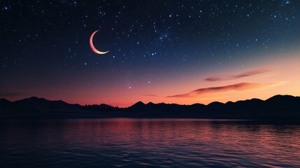 Wall Mural - Elegant islamic eid mubarak greeting card design for muslim holidays featuring a beautiful crescent moon and twinkling stars on a deep blue night sky background, perfect for eid-ul-adha and ramadan fe