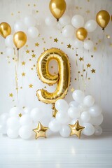 Wall Mural - Golden number nine balloon with helium stars