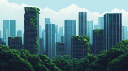 Wall Mural - Urban Jungle with Lush Greenery and Skyscrapers Under Blue Sky