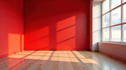Aufkleber - Sunlight Illuminates an Empty Room with Red Walls and Light Wood Floors, Creating a Serene and Minimalist Atmosphere