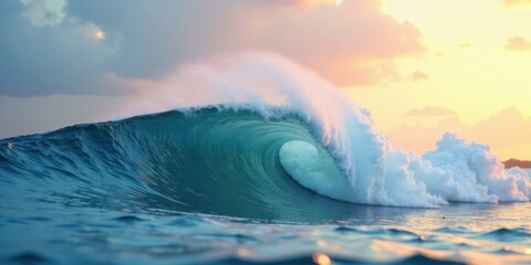 Poster - A majestic ocean wave curls into a breathtaking barrel during a vibrant sunset, showcasing the powerful beauty of nature's artistry.
