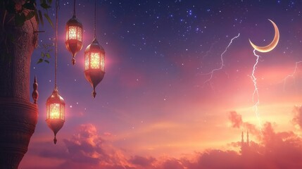 Wall Mural - Elegant islamic eid mubarak greeting card design for muslim holidays featuring a beautiful crescent moon and twinkling stars on a deep blue night sky background, perfect for eid-ul-adha and ramadan fe