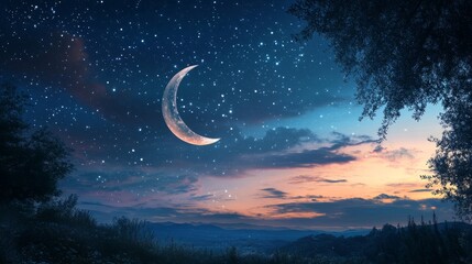 Wall Mural - Elegant islamic eid mubarak greeting card design for muslim holidays featuring a beautiful crescent moon and twinkling stars on a deep blue night sky background, perfect for eid-ul-adha and ramadan fe