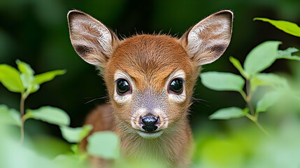 Wall Mural - Adorable fawn hiding in forest foliage