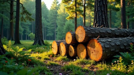 Aufkleber - Golden sunlight illuminates a stack of freshly cut logs resting on a verdant forest floor, surrounded by lush green vegetation